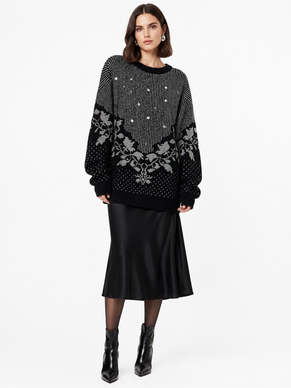Vintage Maurada L Black Silver Metallic Floral Rhinestone Statement Sweater